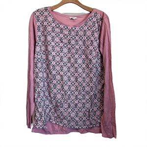 Talbots Pink Patterned Mixed Fabric Crewneck Sweater